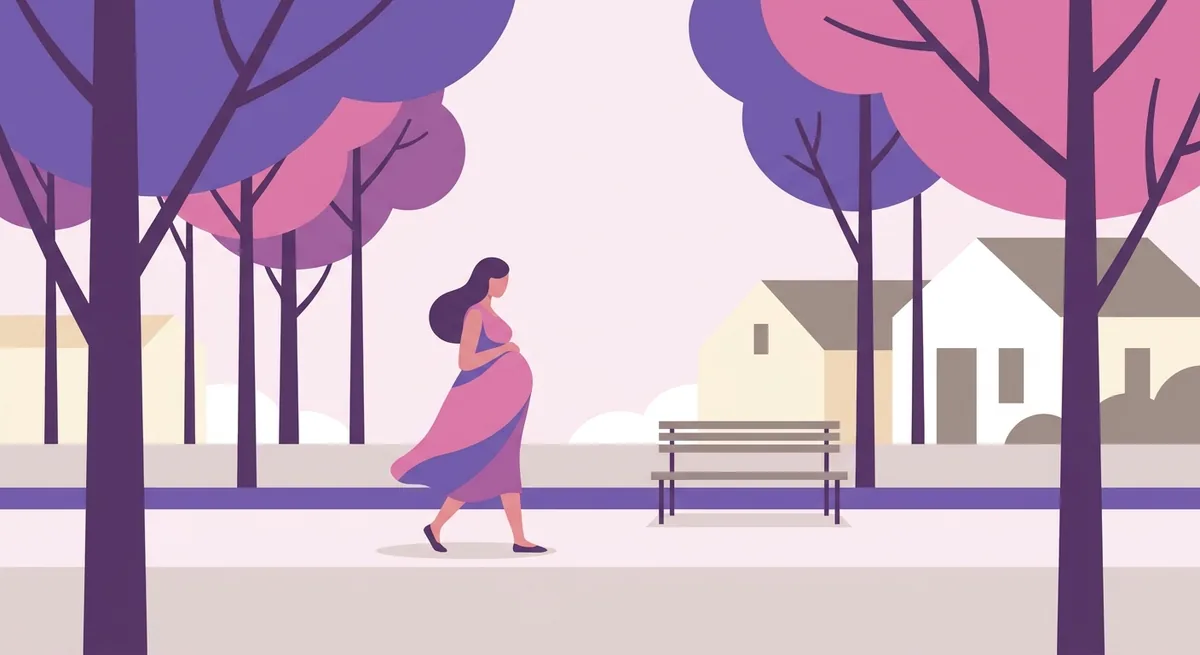 Mulher grávida caminhando devagar por uma calçada arborizada, com um banco e casas baixas ao fundo.