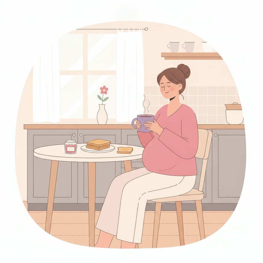 Uma mulher grávida com uma xícara de chá e torradas na mesa da cozinha.