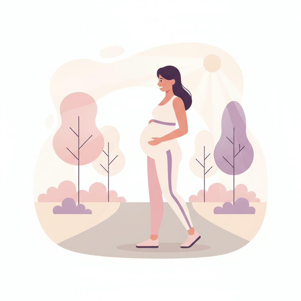 Mulher grávida caminhando em um parque, sorrindo e usando roupas de ginástica.
