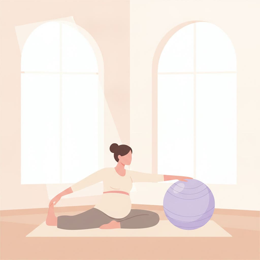 Mulher grávida fazendo alongamento suave em uma sala, com uma bola de Pilates.